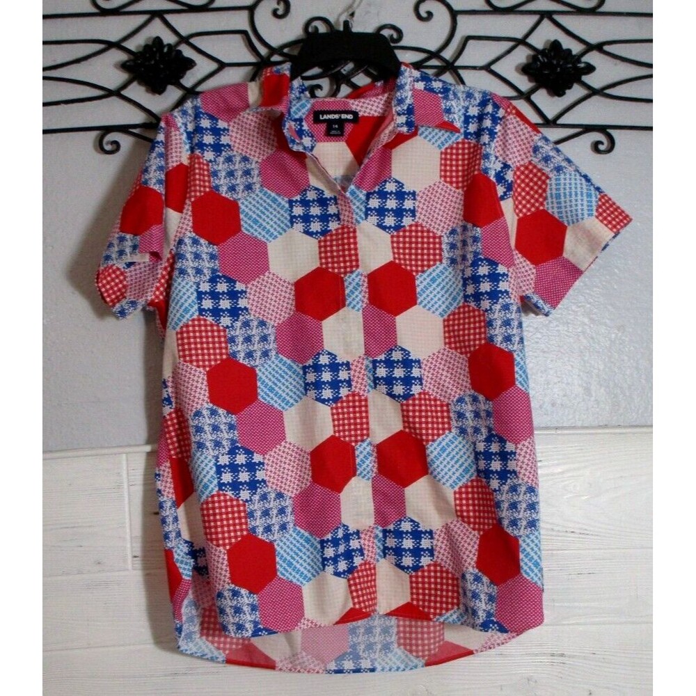 Land's End Women's Top Size 14 Short Sleeve Multicolored No Iron